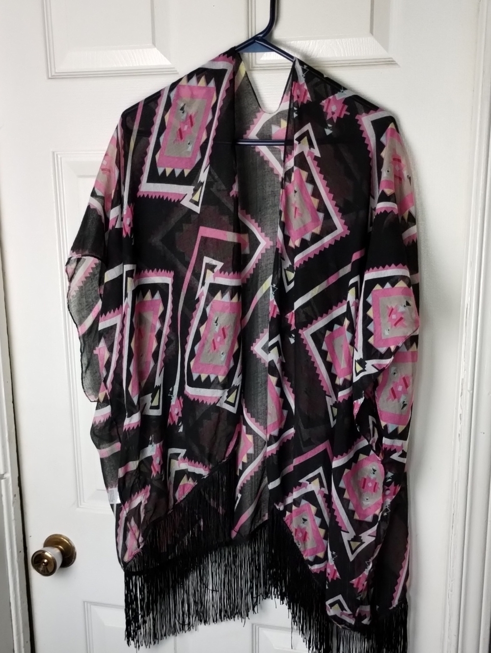 Sheer Fringe Kimono Cardigan in Black and Pink Geometric Print